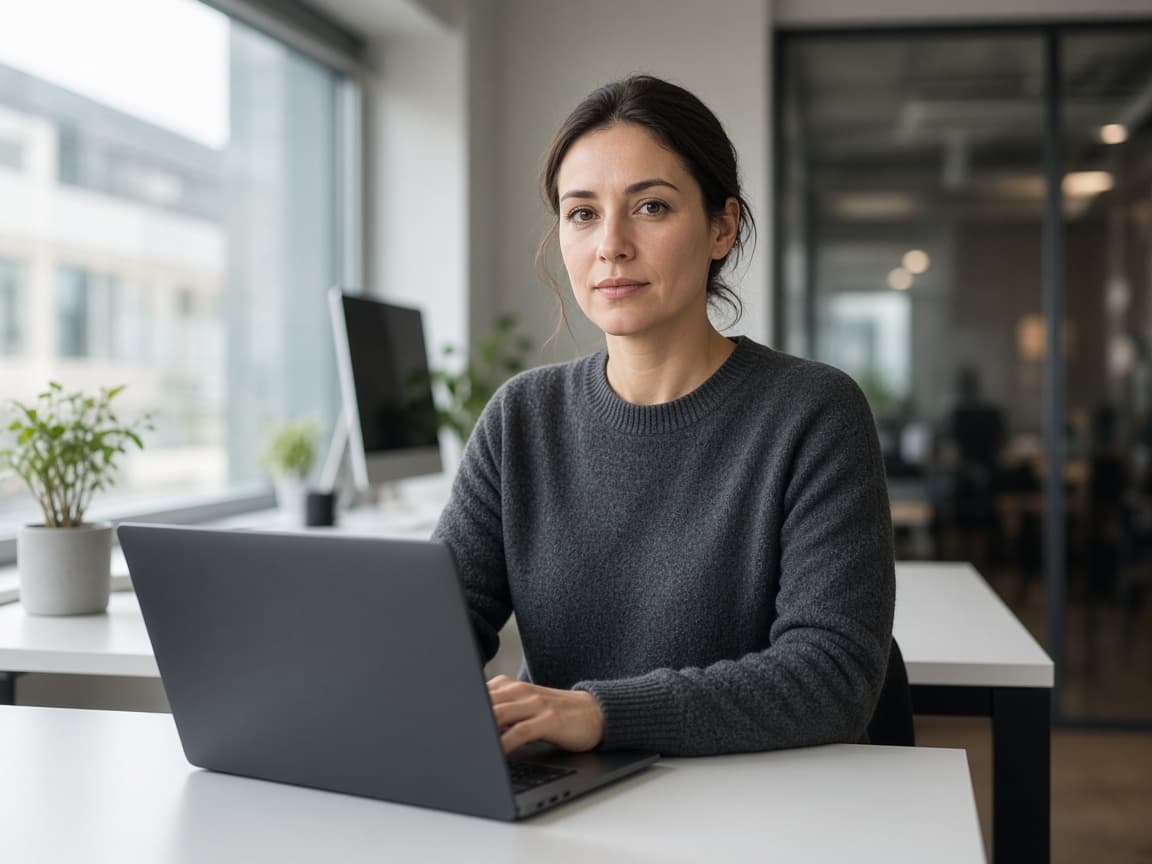 A teammate working at a laptop in the office.