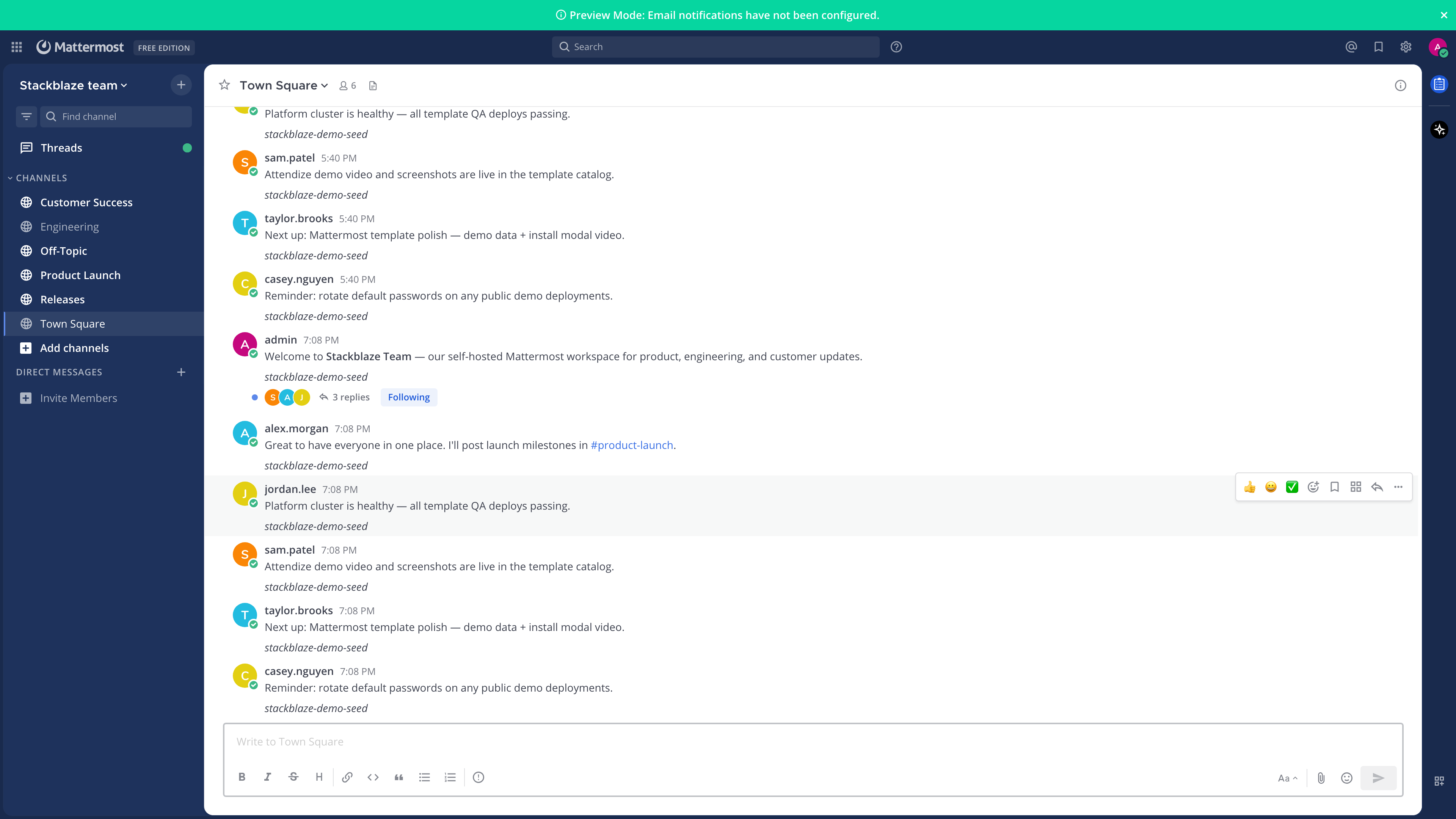 Mattermost Town Square with channels, threads, and team messages